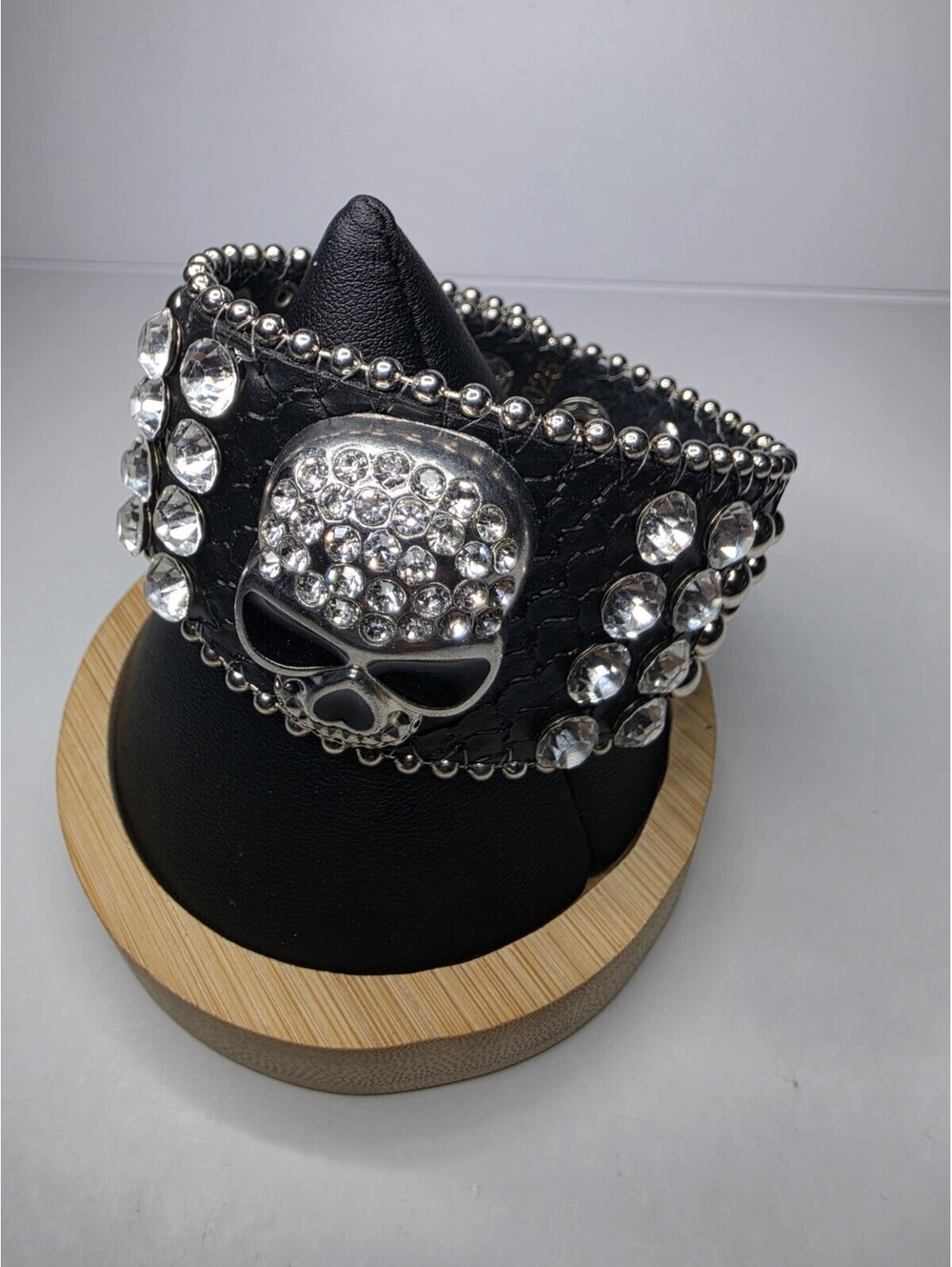 Black Leather Rhinestone Skull Cuff Studded Punk Bling Bracelet 9"